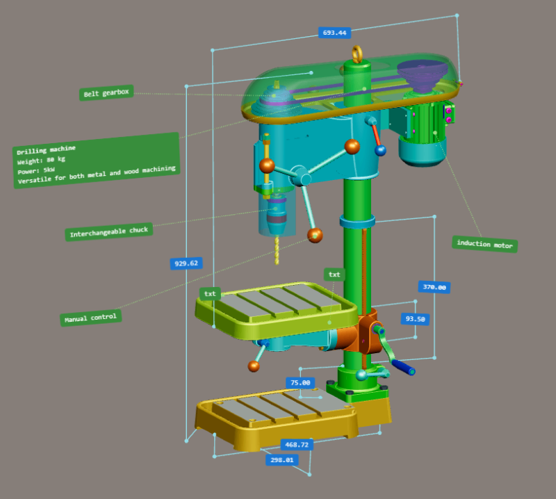 Drilling machine model with dimensions and annotations in Meshbex