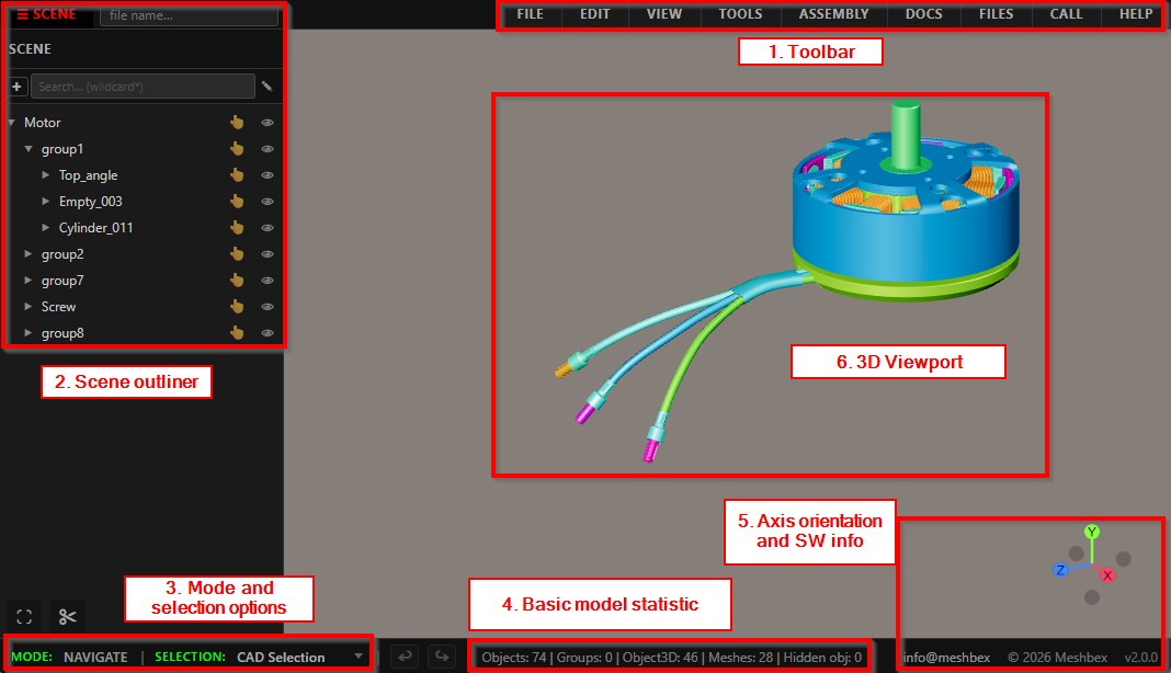 Meshbex CAD Explorer screen layout with toolbar, scene outliner, 3D viewport and selection options